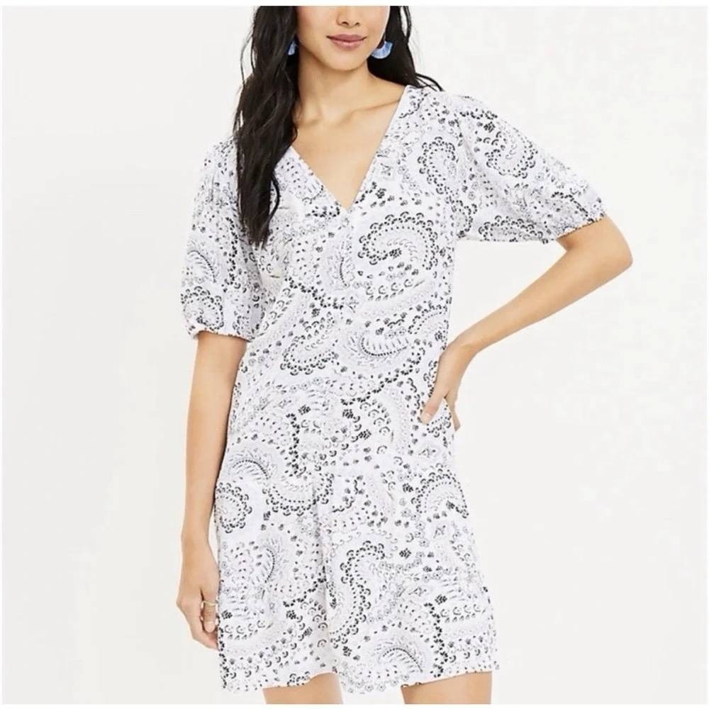 Loft Swing Dress Womens L White Blue Paisley‎ Floral Puff Sleeve V-Neck Boho